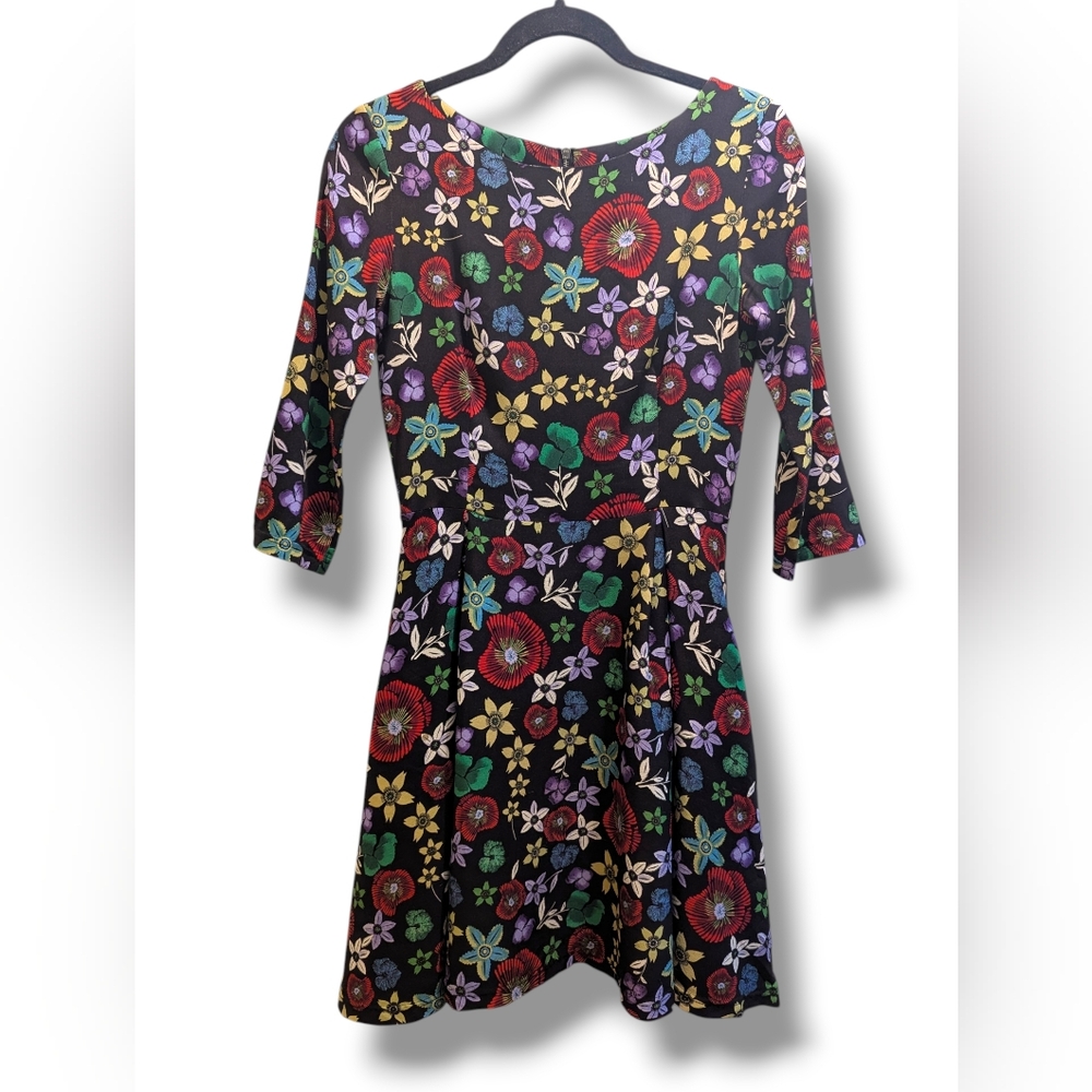 SUNO Stretch-Silk Multicolor Floral Fit-&-Flare Quarter Sleeve Mini Dress- 4 - Picture 4 of 15